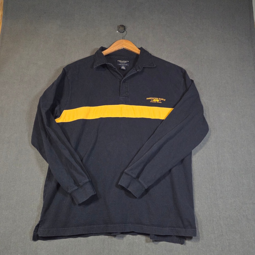 American Eagle Polo Shirt Mens Large Navy Blue Yellow Stripe Long Sleeve Logo
